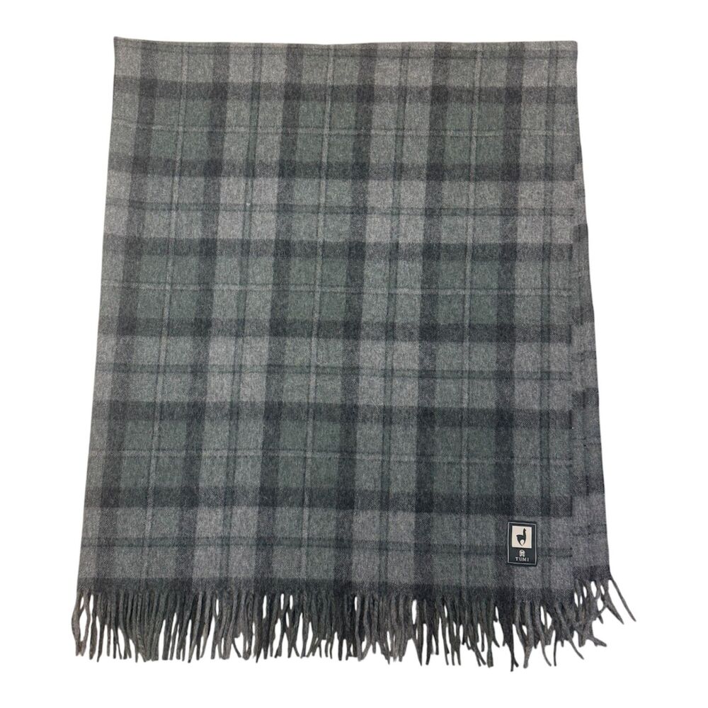 Tumi Baby Alpaca Wool Tartan Plaid Print Fringed Edge Gray/GreenThrow Blanket